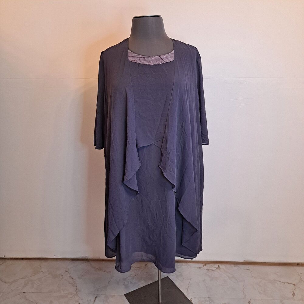 Hanna Nikole Sequin Dress With Duster Womens 24W Purple Tea Length